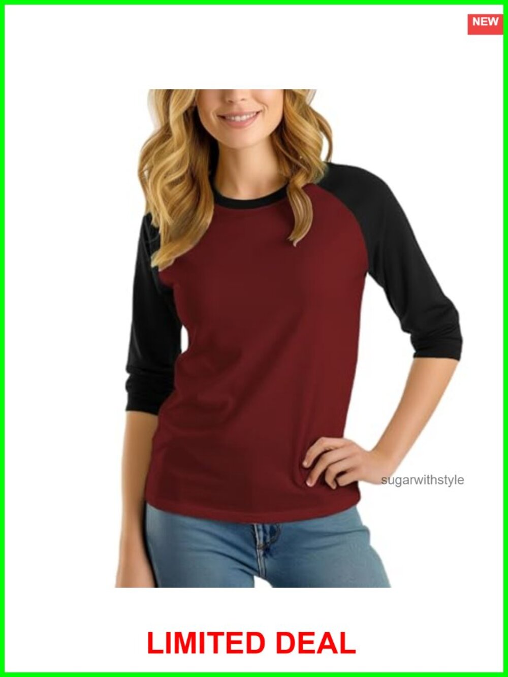 Raglan Baseball Shirt Women 3/4 Sleeve Color Block Soft Poly-Cotton Tee